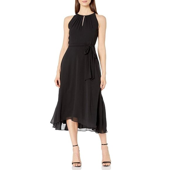Tahari ASL Ruched Neck Waist Tie High Low Sleeveless Midi Dress - Picture 1 of 12